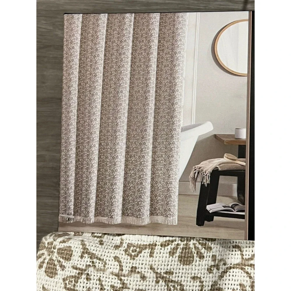 New Envogue Home Fabric Shower Curtain Textured Cotton Brown Floral Print Fringe